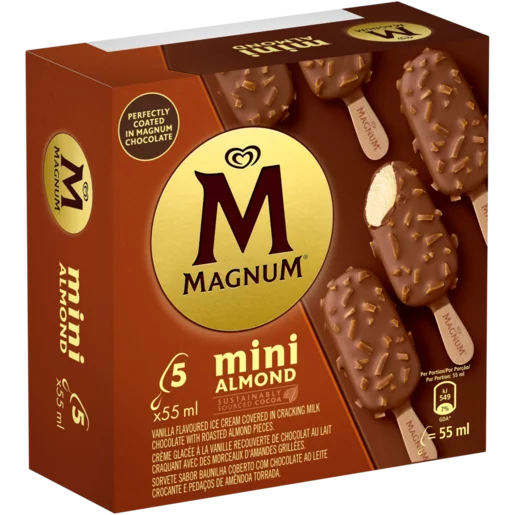 Magnum mini almond ice cream packaging on a white background